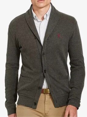 Ralph Lauren Estate Rib Charcoal Shawl Collar Knit Cardigan